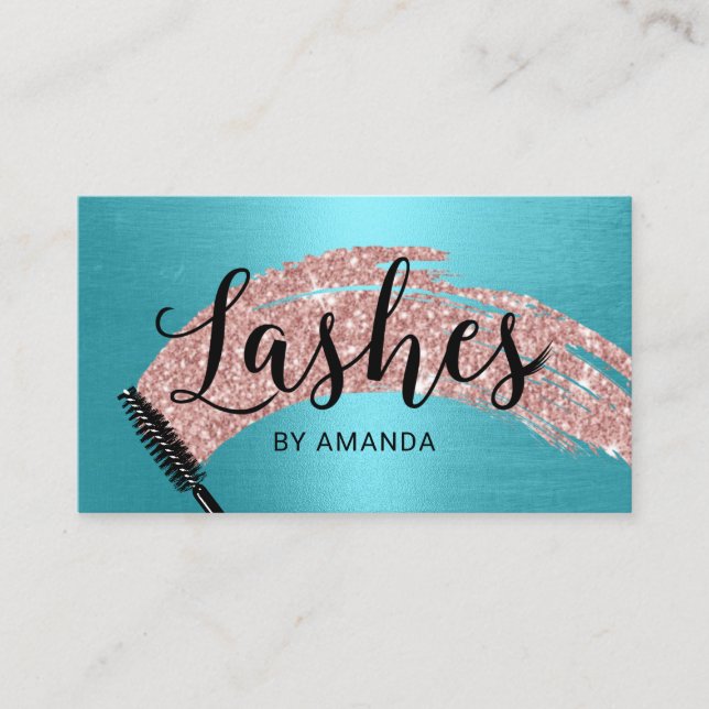 Carte De Visite Eyelash Salon Rose Gold Brush Stroke Turquoise (Devant)