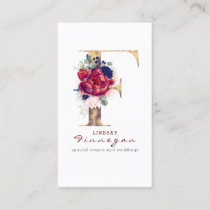 Carte De Visite F Monogram Burgundy Gold et Navy Blue Floral