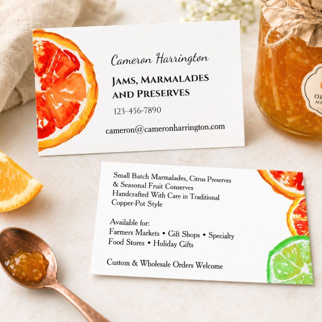 Carte De Visite Fabricant de confiture de marmelade artisanale     (Bright orange and green citrus slices -- my own original watercolor art -- pop on these cards.)