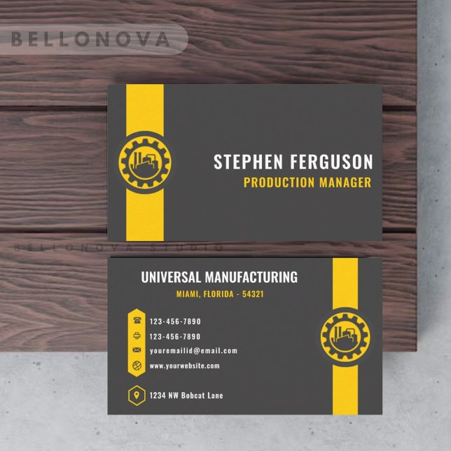 Carte De Visite Fabrication personnalisée en gris foncé noir jaune (Custom Dark Grey Black Yellow Manufacturing Business Card)