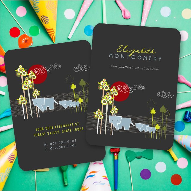 Carte De Visite Famille D'Éléphants Whimsical Dans La Forêt Et Le  (Whimsical Stylized Elephant Family In The Forest & Red Sun Business Card @ fatfatin)