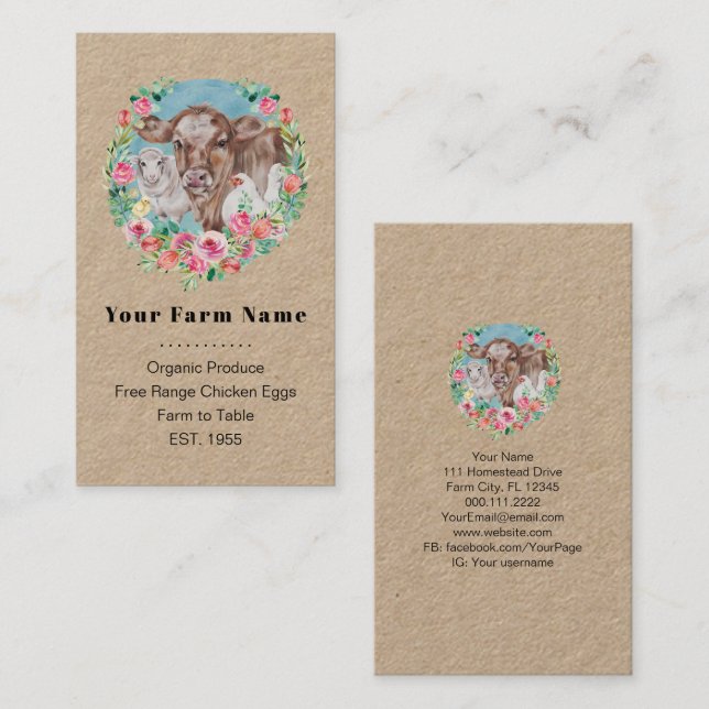 Carte De Visite Family Farm Homestead Chicken Cow Market Garden (Devant / Derrière)