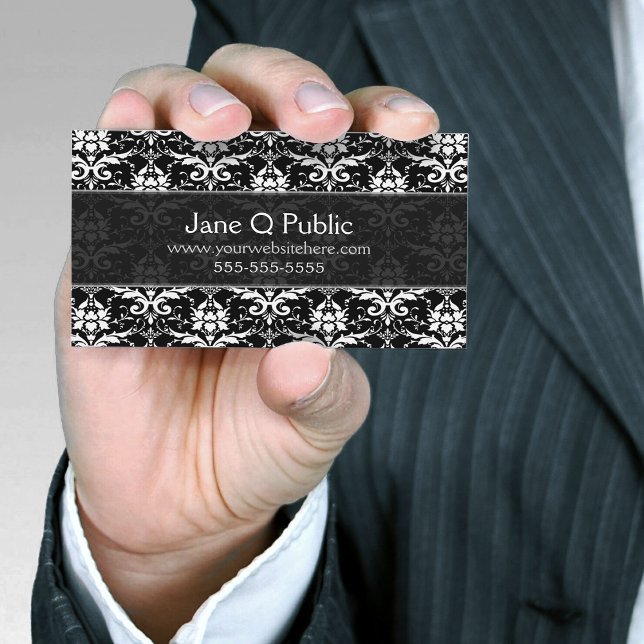 Carte De Visite Fancy Black White Damask (Créateur téléchargé)