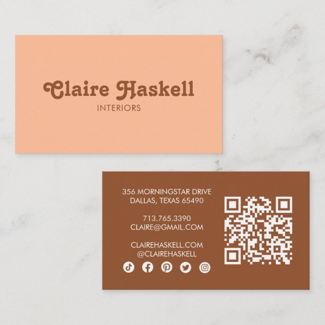 Carte De Visite Fancy Script Peach fuzz Chic Minimal Social QR Cod (Devant / Derrière)