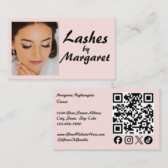 Carte De Visite Fard Rose Écriture Icône Réseaux Sociaux Code QR P (Devant / Derrière)