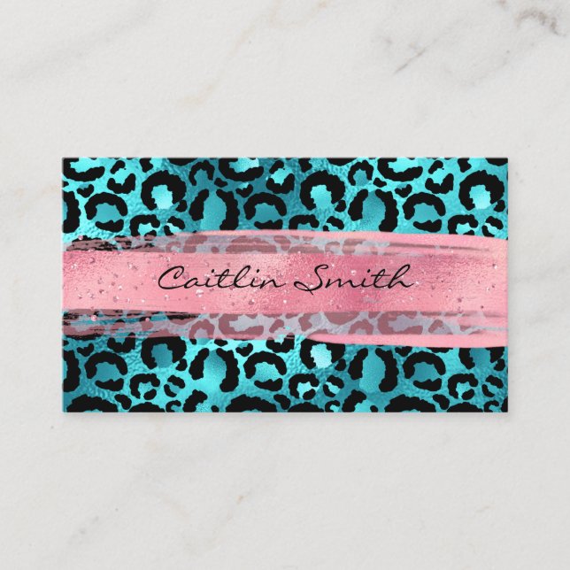 Carte De Visite Faux Aqua Bleu Pailleté Léopard Rose Coup de Pince (Devant)