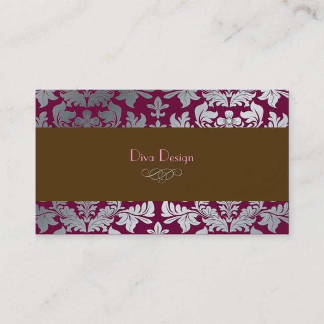 Carte De Visite Faux argent baroque damask en merlot + chocolat (Devant)