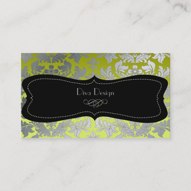 Carte De Visite Faux argent baroque damask /noir/vert citron (Devant)
