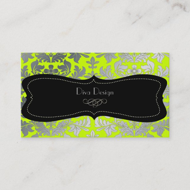 Carte De Visite Faux argent baroque damassé fluorescent vert/noir (Devant)