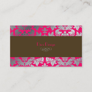 Carte De Visite Faux argent baroque damassé rose chaud + chocolat