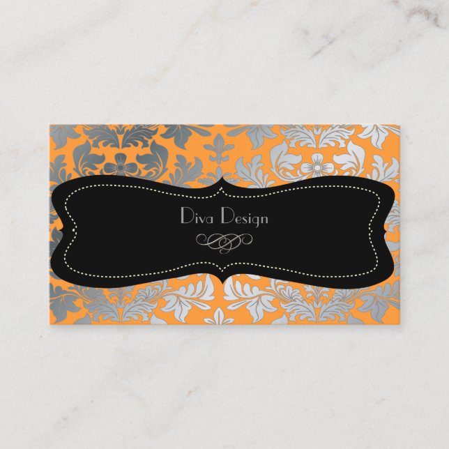 Carte De Visite Faux argent baroque damassé saumon orange/noir (Devant)