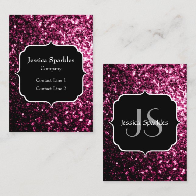 Carte De Visite Faux brillant rose foncé paillettes Monogramme (Devant / Derrière)
