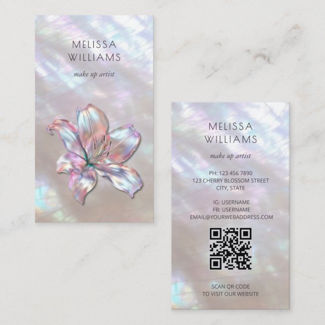 Carte De Visite   FAUX Code Qr Holographique Iridescent Lily (Devant / Derrière)