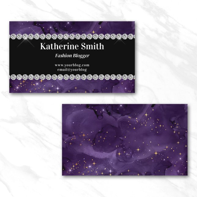 Carte De Visite Faux Diamant Strass Violet Céleste (Faux Diamond Rhinestone Purple Celestial Business Card)
