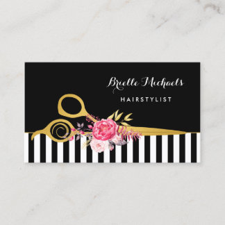 Carte De Visite Faux Gold Ciseaux Stripes Rose Floral Coiffeur Sal