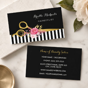 Carte De Visite Faux Gold Ciseaux Stripes Rose Floral Coiffeur Sal