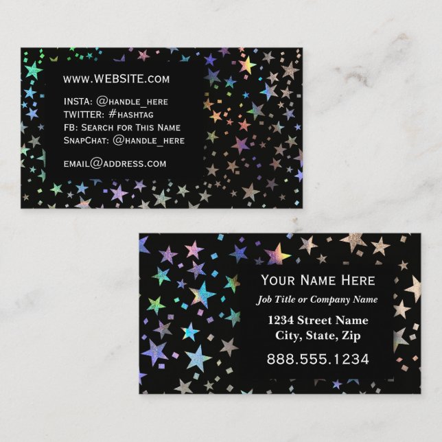 Carte De Visite Faux Holographic Rainbow Stars Professional Black (Devant / Derrière)