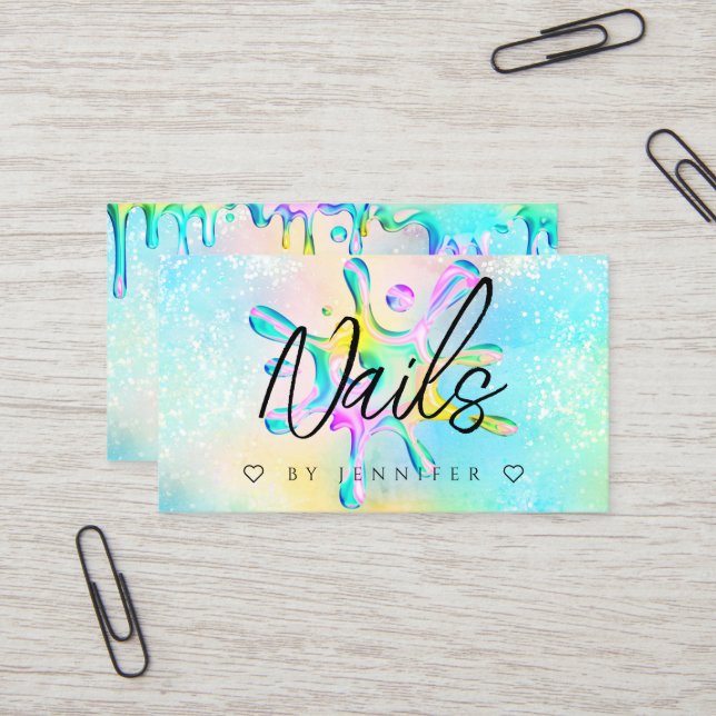 Carte De Visite Faux Ongles Vernis Éclaboussures Paillettes Hologr (Devant/Arrière en situation)