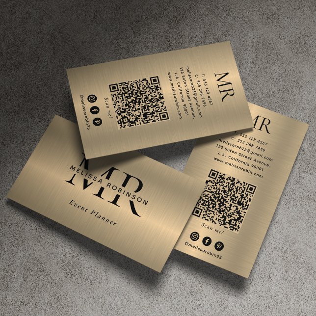 Carte De Visite Faux Or Métal Brossé Noir Monogramme Code QR (Créateur téléchargé)