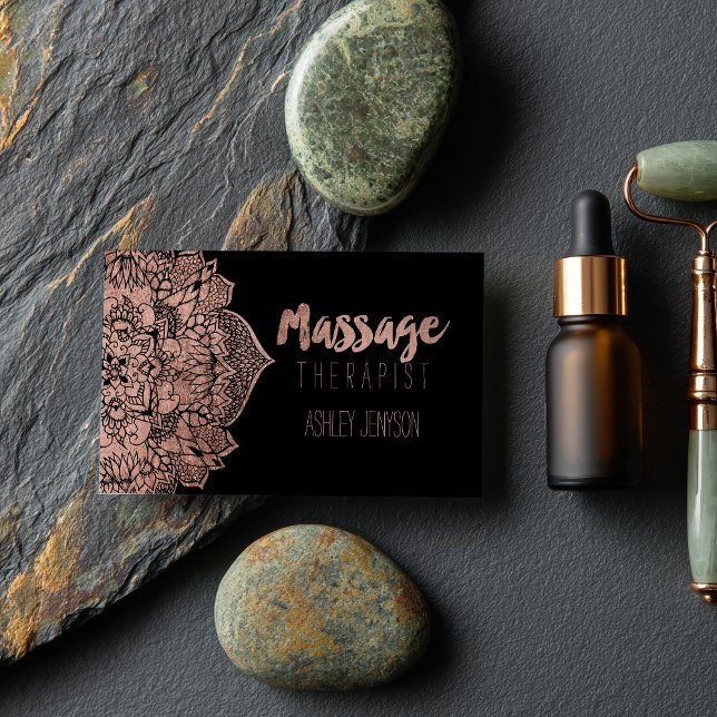 Carte De Visite Faux or rose boho floral mandala massage (Faux rose gold boho floral mandala massage business card)