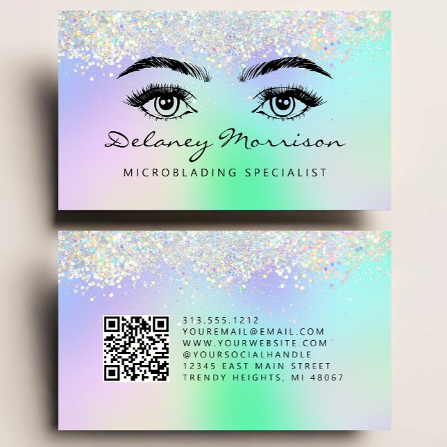 Carte De Visite Faux paillettes holographiques yeux code QR Microb (Créateur téléchargé)