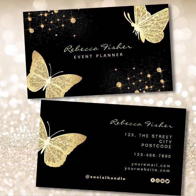 Carte De Visite Faux Pale Ivory Gold Butterfly Sparkle (Gold & Black Business Card)