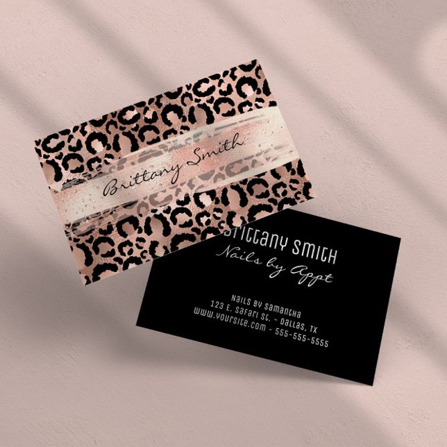 Carte De Visite Faux Rose Gold Foil Léopard Broussailler Brosse (Faux Rose Gold Foil Leopard Blush Brush Stroke Business Card)