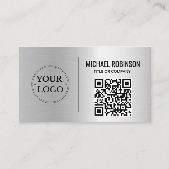 Carte De Visite Faux Silver Business Logo QR Code Professionnel (Devant)
