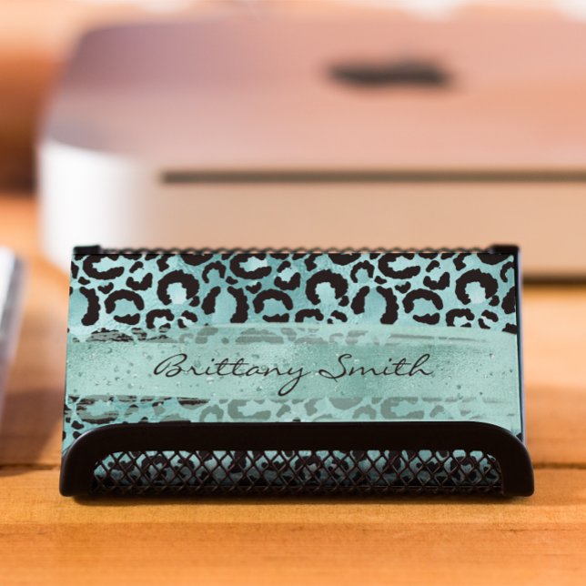 Carte De Visite Faux Turquoise Sarcelle Paillettes Léopard Aqua Co (Turquoise Teal Foil Leopard Aqua Brush Stroke Business Card)