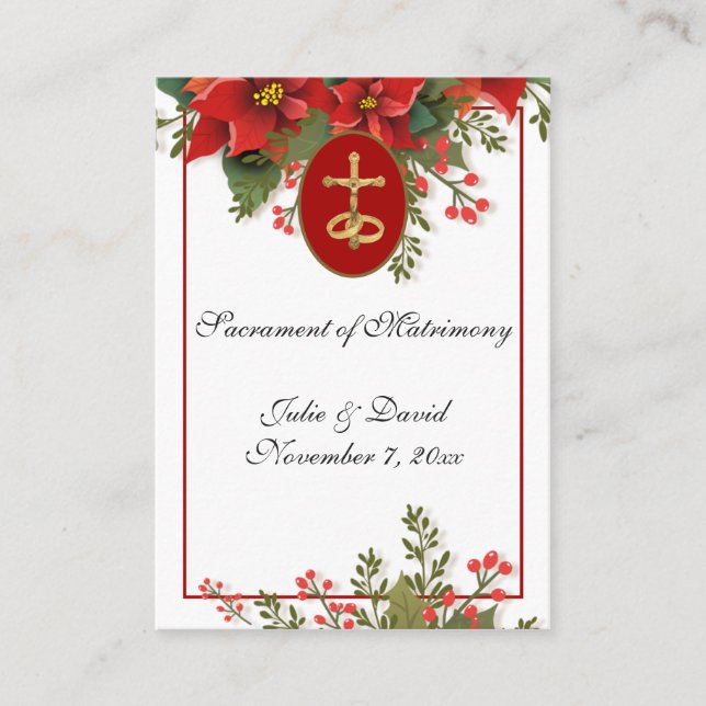 Carte De Visite Favor de mariage catholique Noël Pointsettia  (Devant)