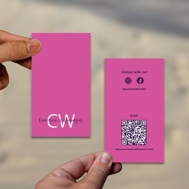 Carte De Visite Feminine Solide Rose Monogramme QR Code social (Feminine Solid Pink Monogram QR Code Social Business Card)