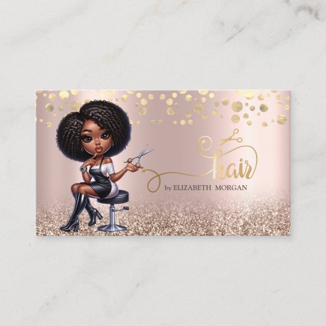 Carte De Visite Femme Afro Américaine Ciseaux Rose Or Paillettes (Devant)