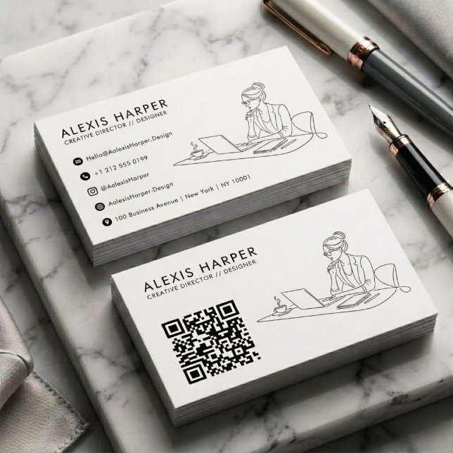 Carte De Visite Femme Art en Ligne Moderne Minimaliste Noir Code Q (Chic Line Art QR Code Business Card Design)
