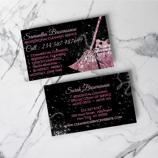 Carte De Visite Femme de ménage de nettoyage de luxe Black Pink En (Black Pink Luxury Cleaning Maid Janitorial Business Card)