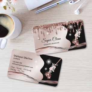 Carte De Visite Femme de ménage nettoyant une maison rose gold sci
