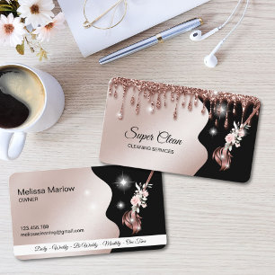 Carte De Visite Femme de ménage nettoyant une maison rose gold sci