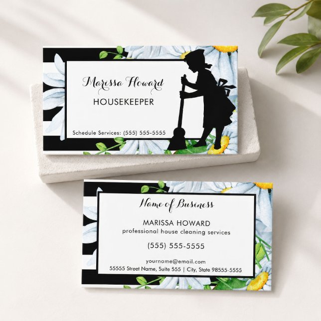 Carte De Visite Femme de ménage silhouette florale (Housekeeper Floral Silhouette Business Card
)