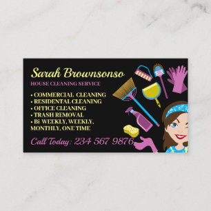 Carte De Visite Femme de ménage yeux bleus dessin animé nettoyage