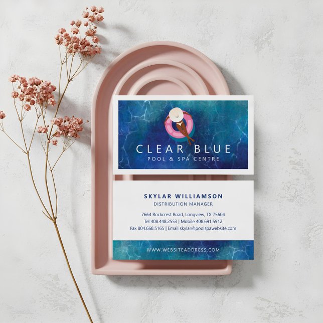 Carte De Visite Femme Flottante Bleu Eau Ondes Piscine & Spa (Floating Woman Blue Water Ripples Pool & Spa Business Card)