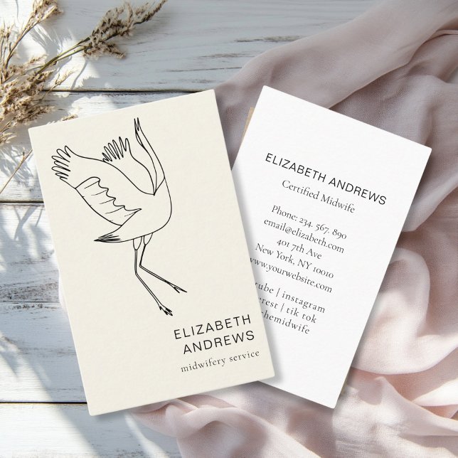Carte De Visite Femme-mère, Storch, Beige (Modern, beige business card. Line Art Illustration, Storch. for childcare, midwives and more.)
