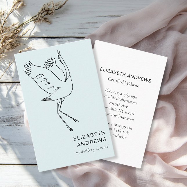 Carte De Visite Femme moyenne, Storch, Bleu (Modern, blue business card. Line Art Illustration, Storch. For childcare, midwives and more.)