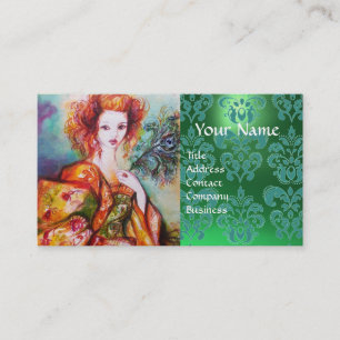 Carte De Visite FEMME ROMANTIQUE AVEC PEACOCK FEACOCK Green Damask