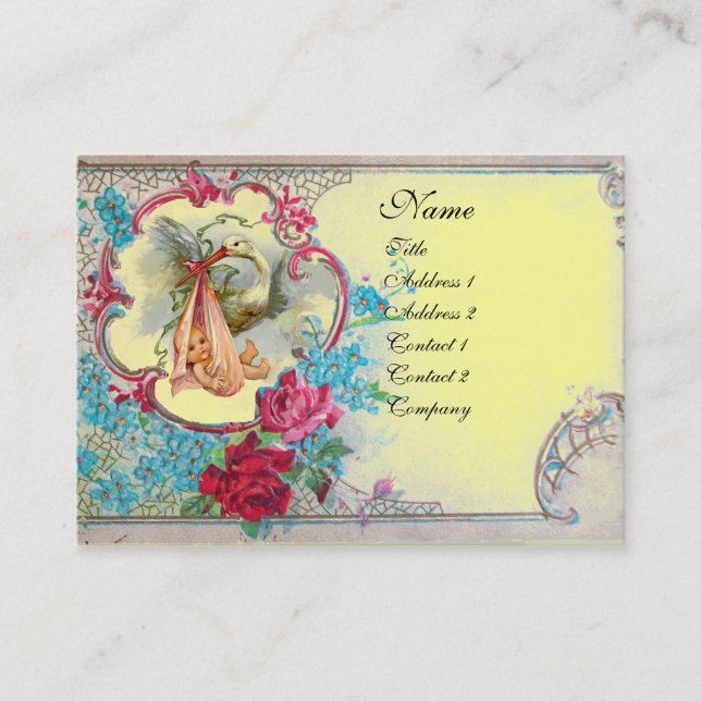 CARTE DE VISITE FETE DE BÉBÉ FLORALE À LA CIGOGNE AVEC MONOGRAMME  (Devant)