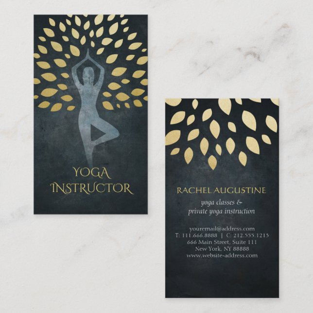 Carte De Visite Feuilles Black & Gold avec Pose de méditation Yoga (Devant / Derrière)