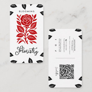 Carte De Visite Feuilles de rose rouge et noire QR floral pour les