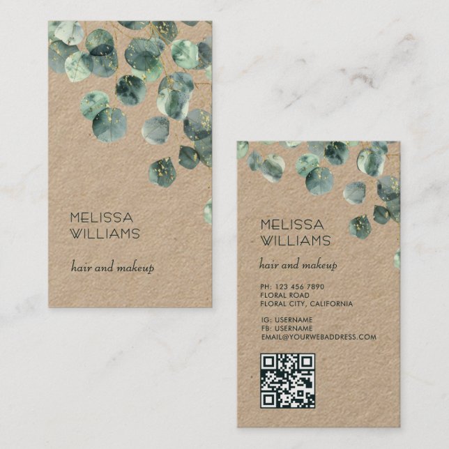 Carte De Visite Feuilles d'eucalyptus à l'aquarelle | Code Qr Rust (Devant / Derrière)