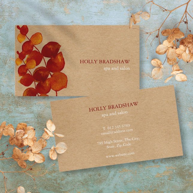 Carte De Visite Feuilles d'eucalyptus Terre de Sienne Brûlée Kraft (Burnt Sienna Eucalyptus Leaves Rustic Kraft Business Card)