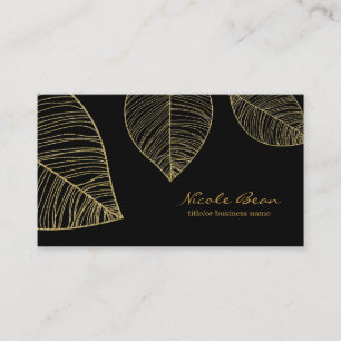 Carte De Visite Feuilles d'or sur Noir Élégant Glamour Professionn