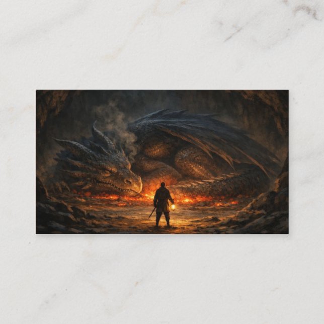Carte De Visite Figure Brave Devant Dragon Endormi  (Devant)