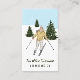 Carte De Visite Fille à l'aquarelle faisant du ski sur les pistes